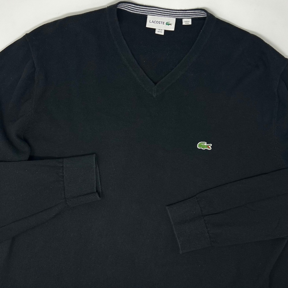Lacoste Mens‎ XL Black 100% Cotton Knit V-Neck Long Sleeve Sweater AH7003